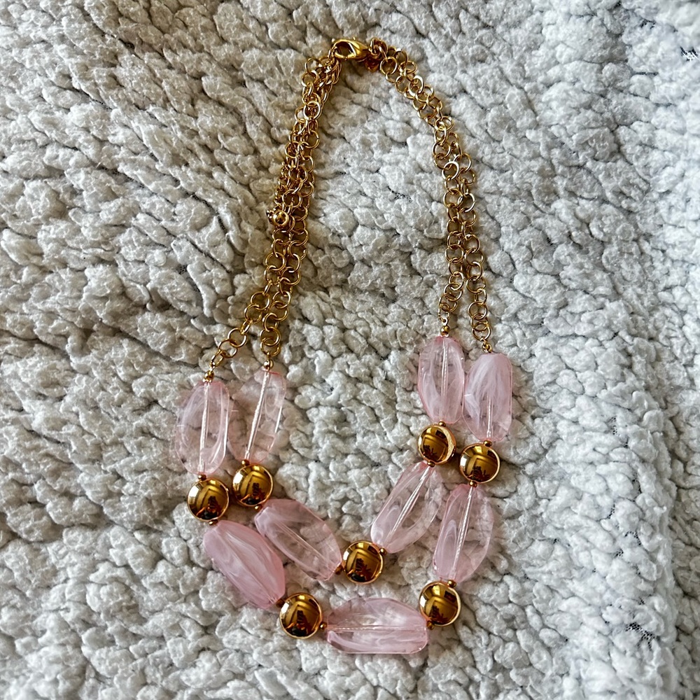 Chico’s Goldtone Necklace with Large Pink Beads NWOT